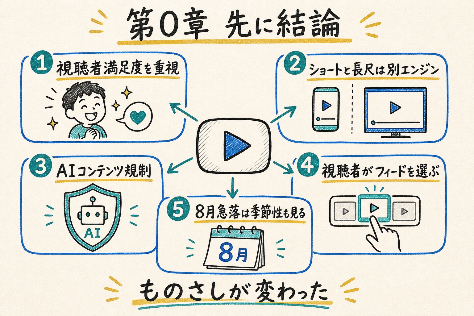 第0章　先に結論。視聴者満足度、長尺とショート、AI規制、フィード選択、8月の季節性をまとめた手書き図解