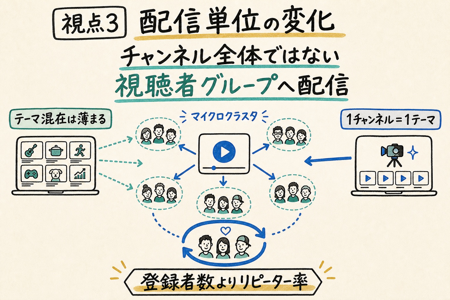 動画がチャンネル全体ではなくマイクロクラスタへ配信される構造を示す手書き図解